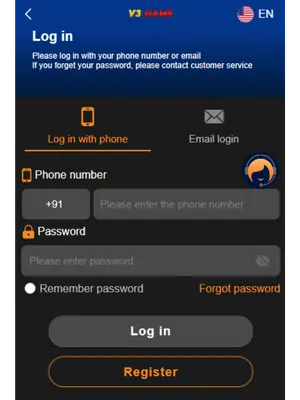 V3 Game login screen