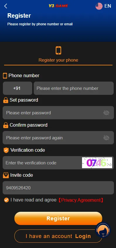 V3 Game registration screen